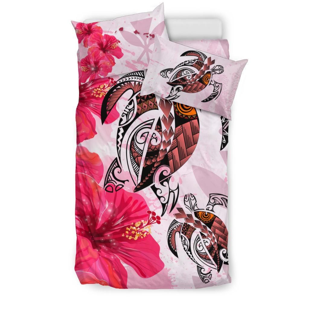 Polynesian Duvet Cover Set - Hawaii Bedding Set Polynesia Turtle Hibiscus Pink