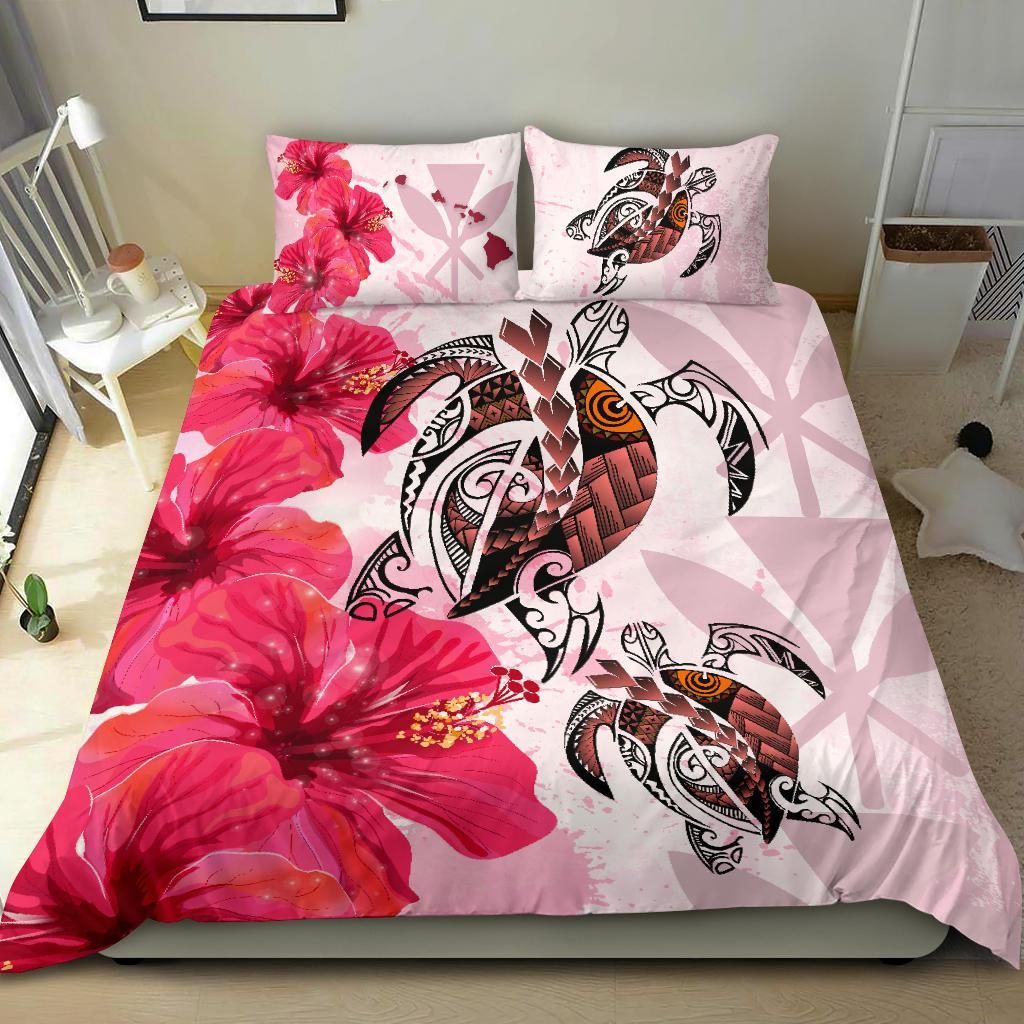 Polynesian Duvet Cover Set - Hawaii Bedding Set Polynesia Turtle Hibiscus Pink
