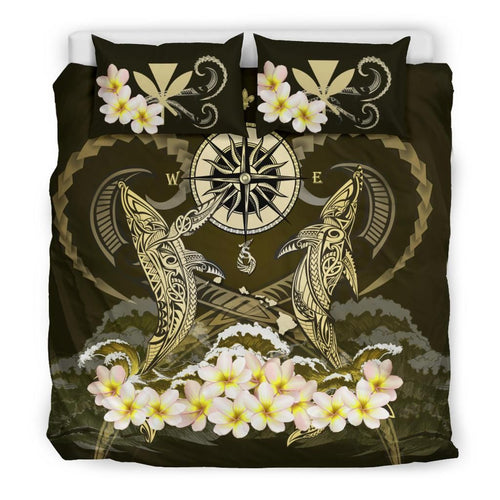 Polynesian Duvet Cover Set - Hawaii Bedding Set Shark Polynesia Compass Plumeria Gold