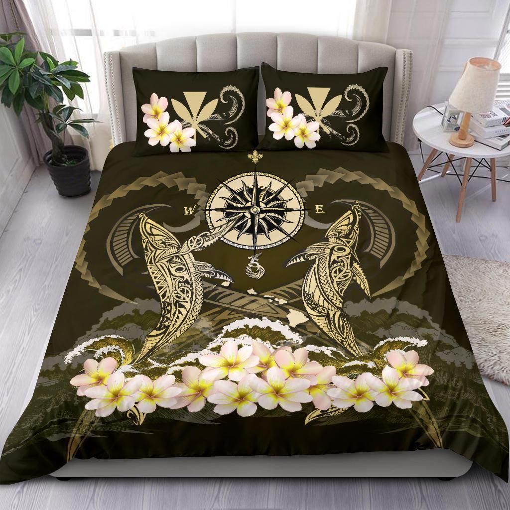 Polynesian Duvet Cover Set - Hawaii Bedding Set Shark Polynesia Compass Plumeria Gold