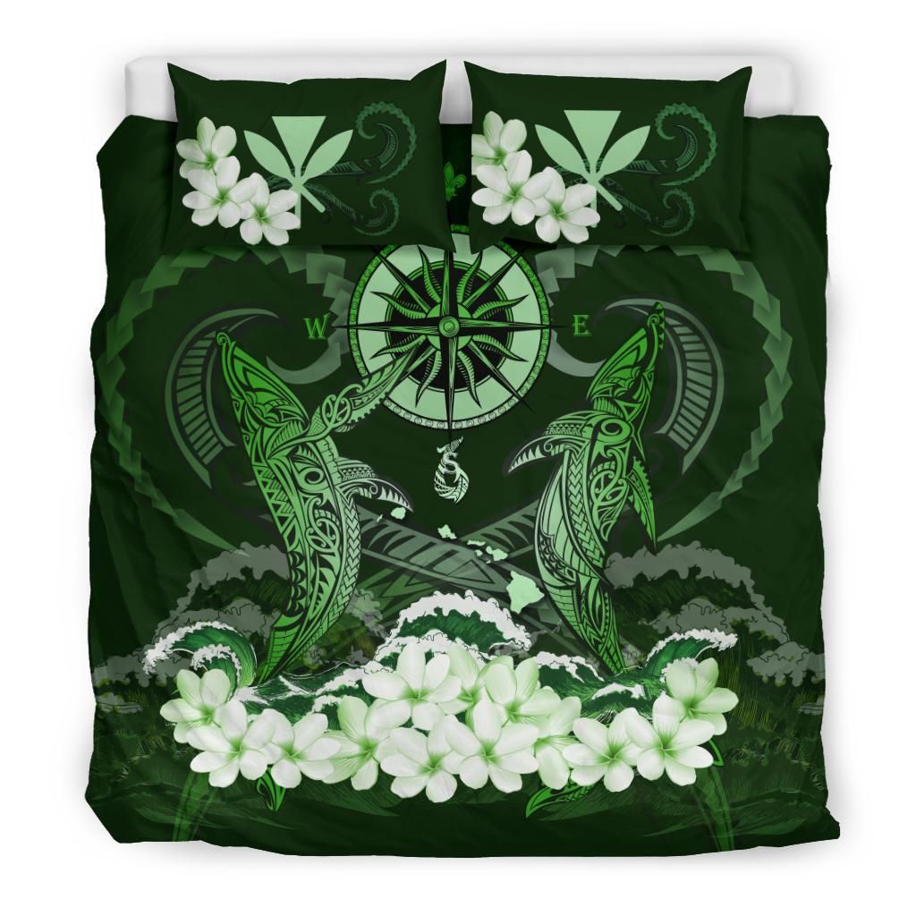 Polynesian Duvet Cover Set - Hawaii Bedding Set Shark Polynesia Compass Plumeria Green