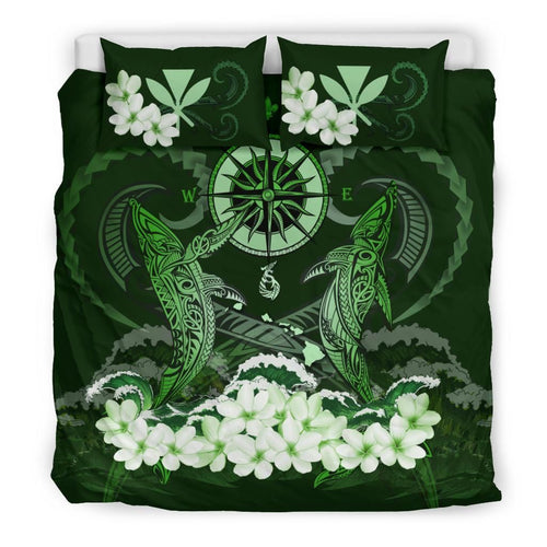 Polynesian Duvet Cover Set - Hawaii Bedding Set Shark Polynesia Compass Plumeria Green