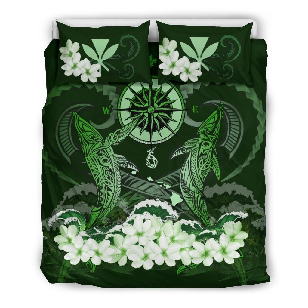 Polynesian Duvet Cover Set - Hawaii Bedding Set Shark Polynesia Compass Plumeria Green