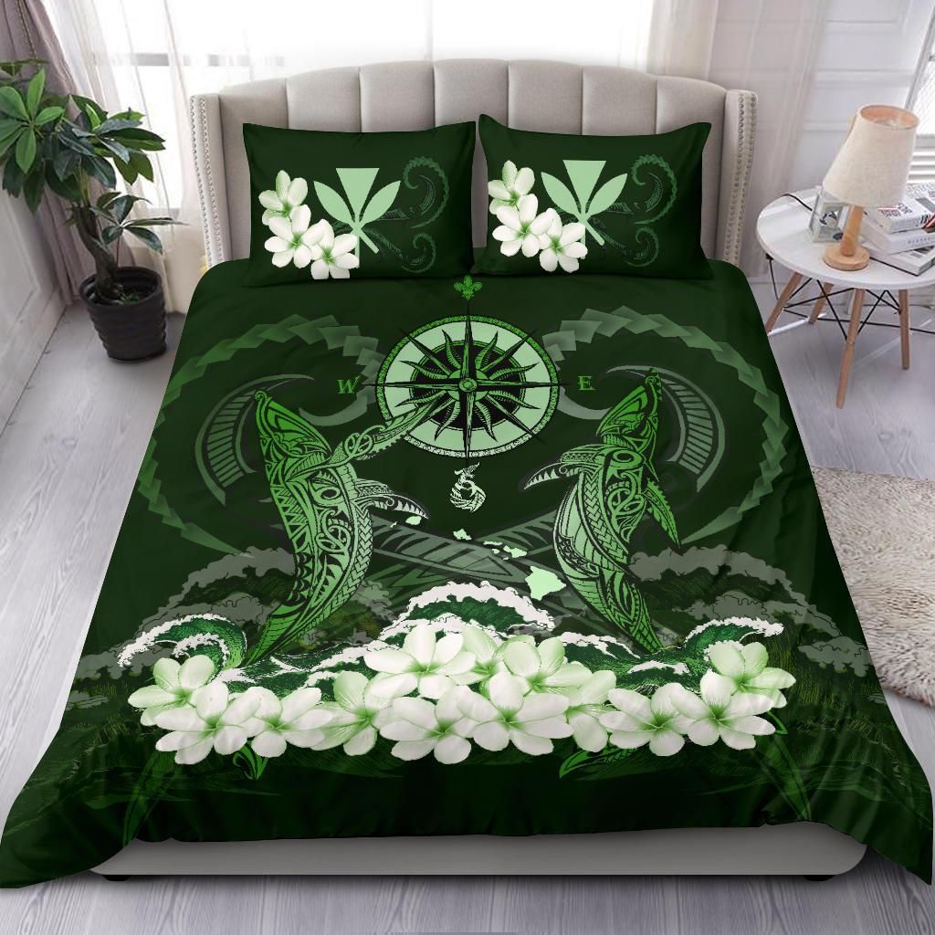 Polynesian Duvet Cover Set - Hawaii Bedding Set Shark Polynesia Compass Plumeria Green