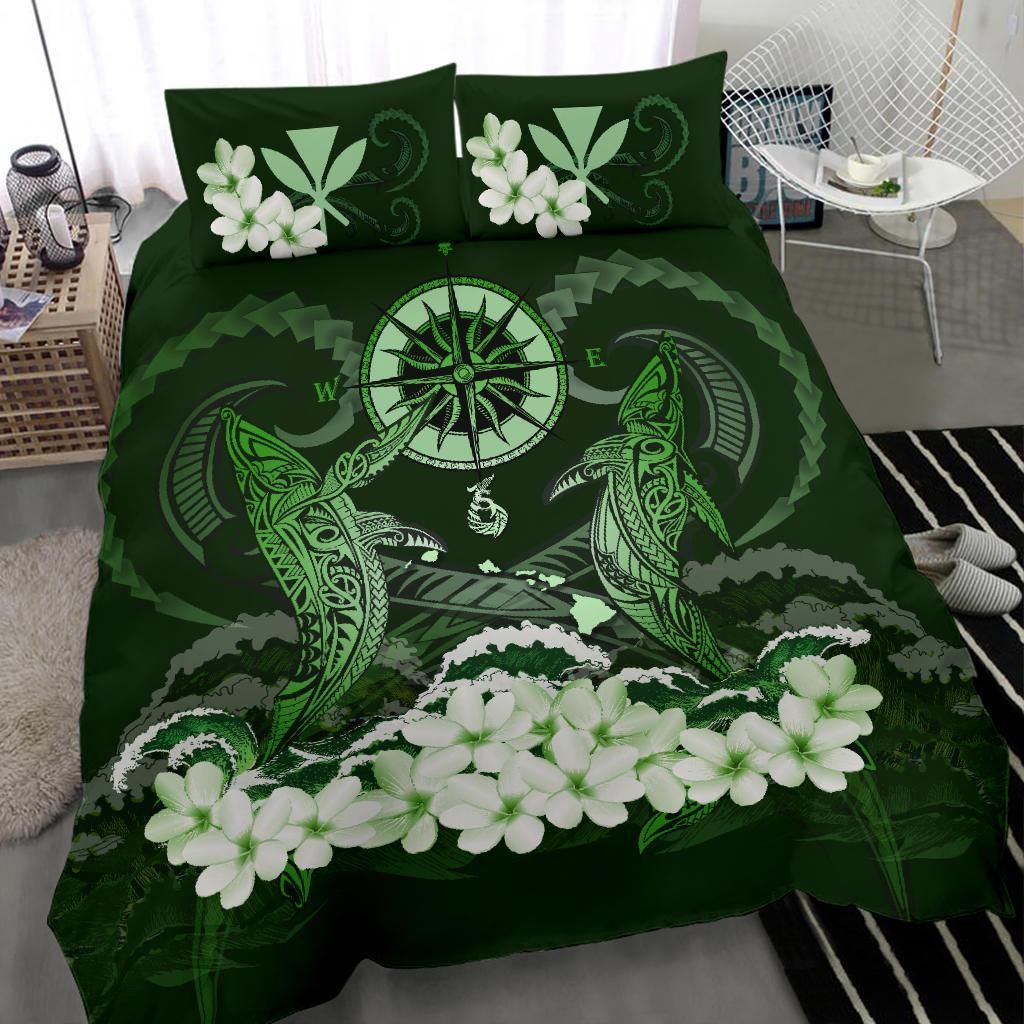 Polynesian Duvet Cover Set - Hawaii Bedding Set Shark Polynesia Compass Plumeria Green