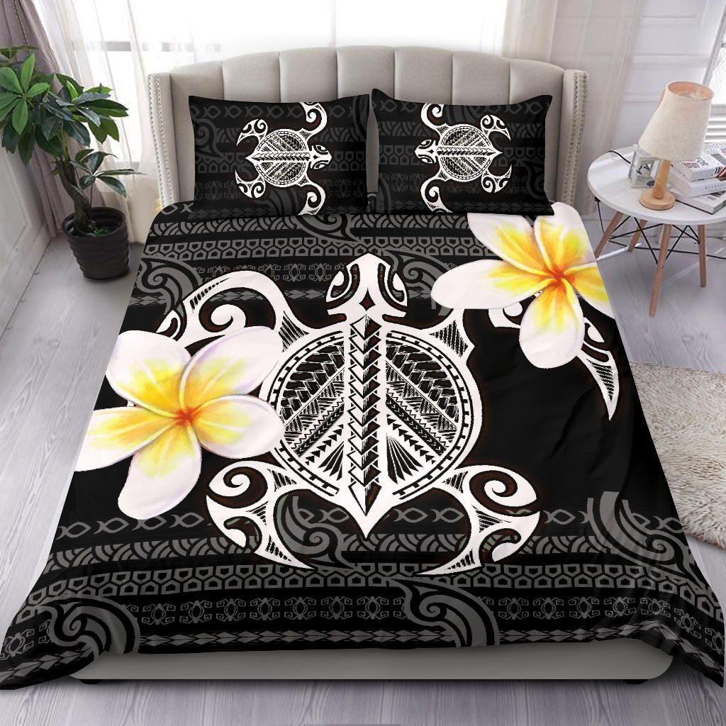 Hawaii Bedding Set - Turtle Plumeria Flowers Polynesian Pattern