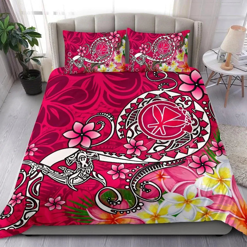 Hawaii Bedding Set - Turtle Plumeria Polynesian Tattoo Pink Color