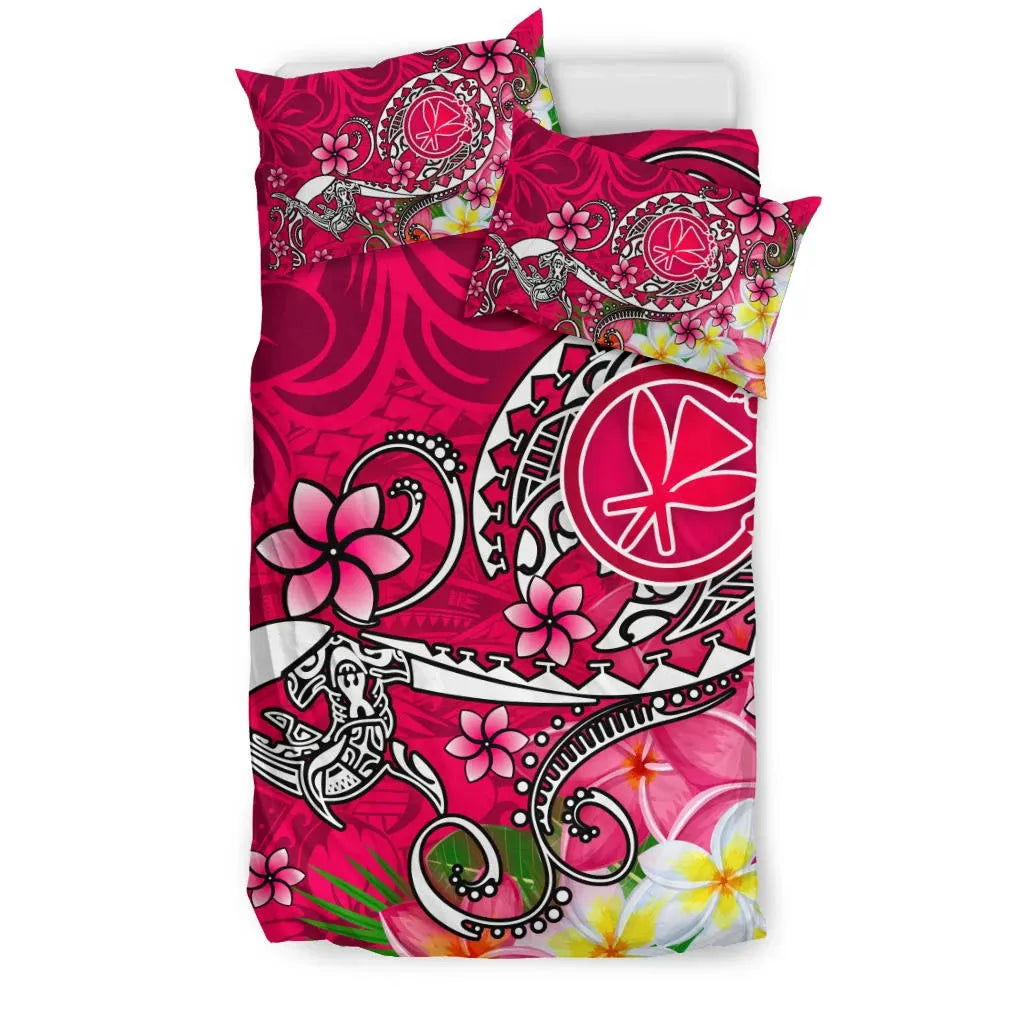 Hawaii Bedding Set - Turtle Plumeria Polynesian Tattoo Pink Color