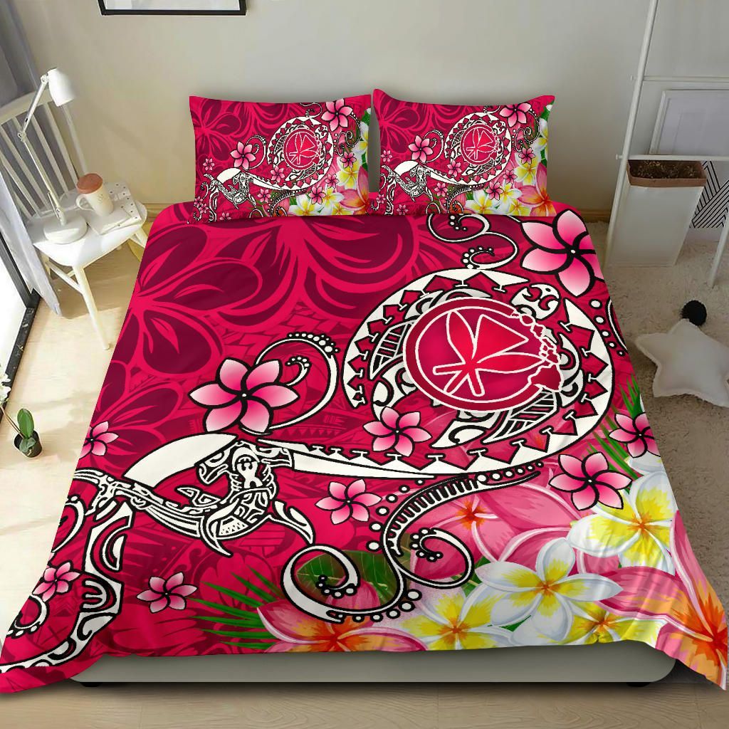 Hawaii Bedding Set - Turtle Plumeria Polynesian Tattoo Pink Color