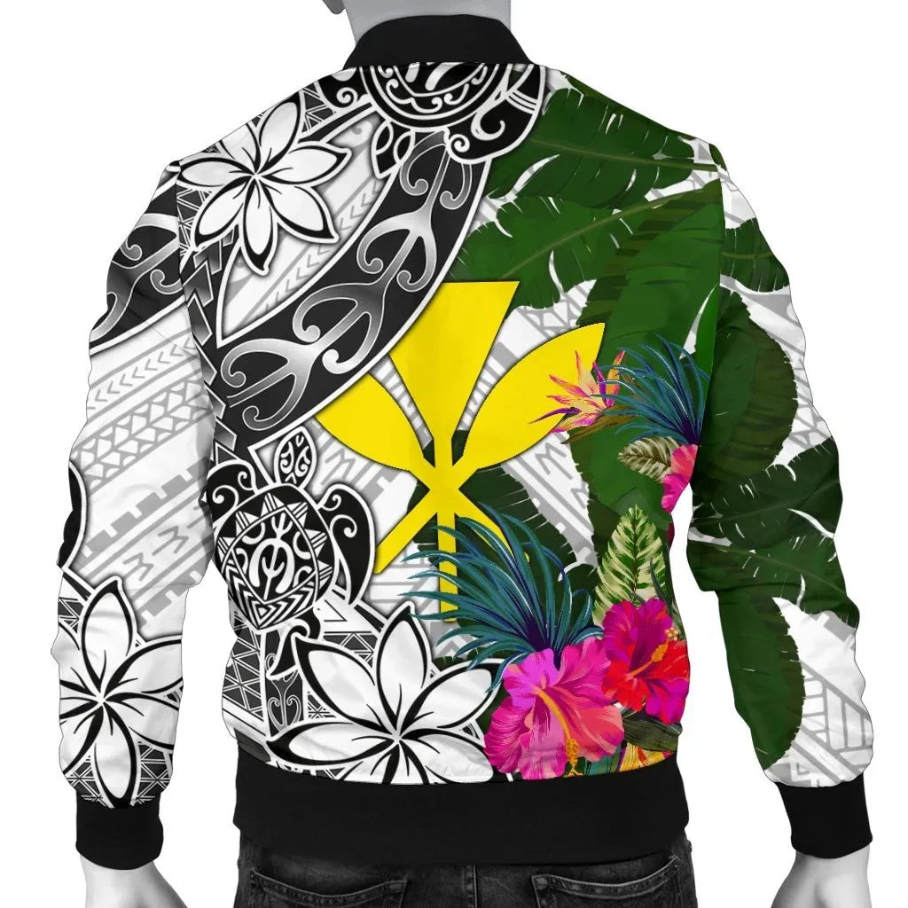 Hawaii Custom Personalised Bomber Jacket White - Turtle Plumeria Banana Leaf