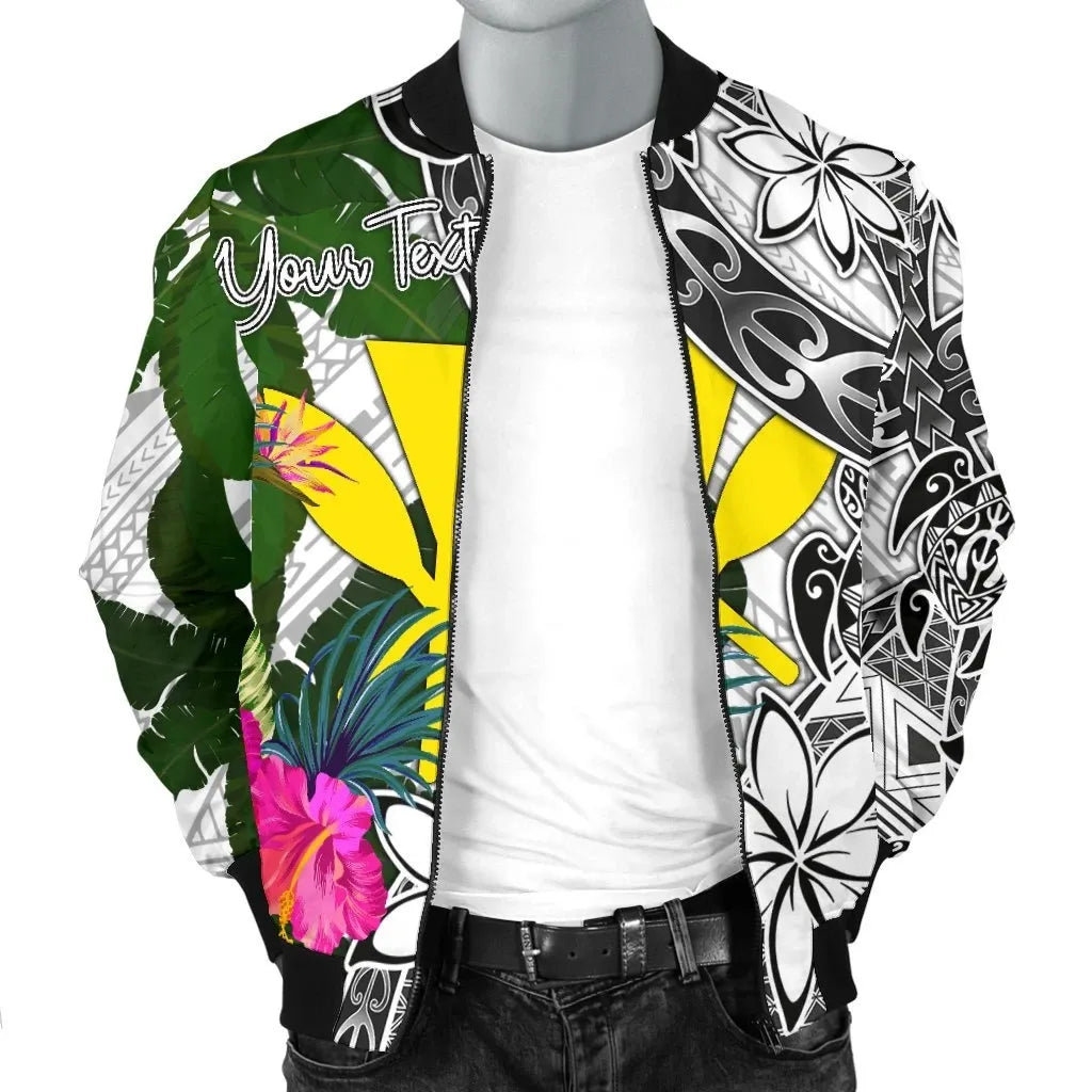 Hawaii Custom Personalised Bomber Jacket White - Turtle Plumeria Banana Leaf