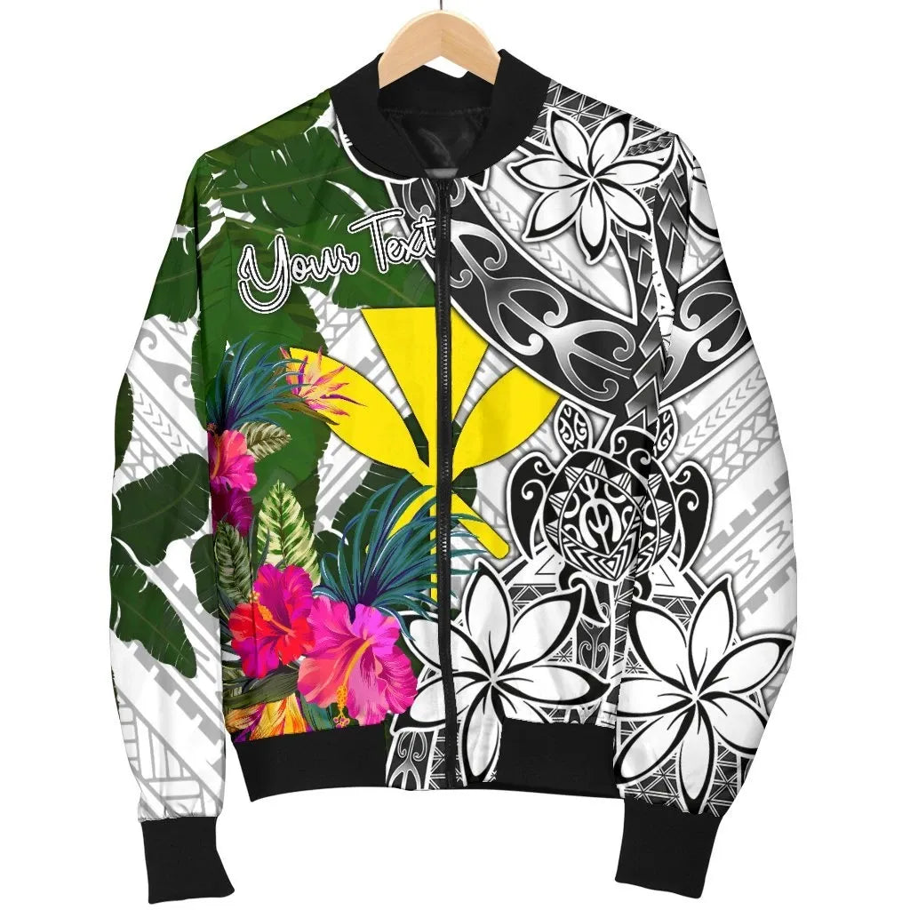 Hawaii Custom Personalised Bomber Jacket White - Turtle Plumeria Banana Leaf