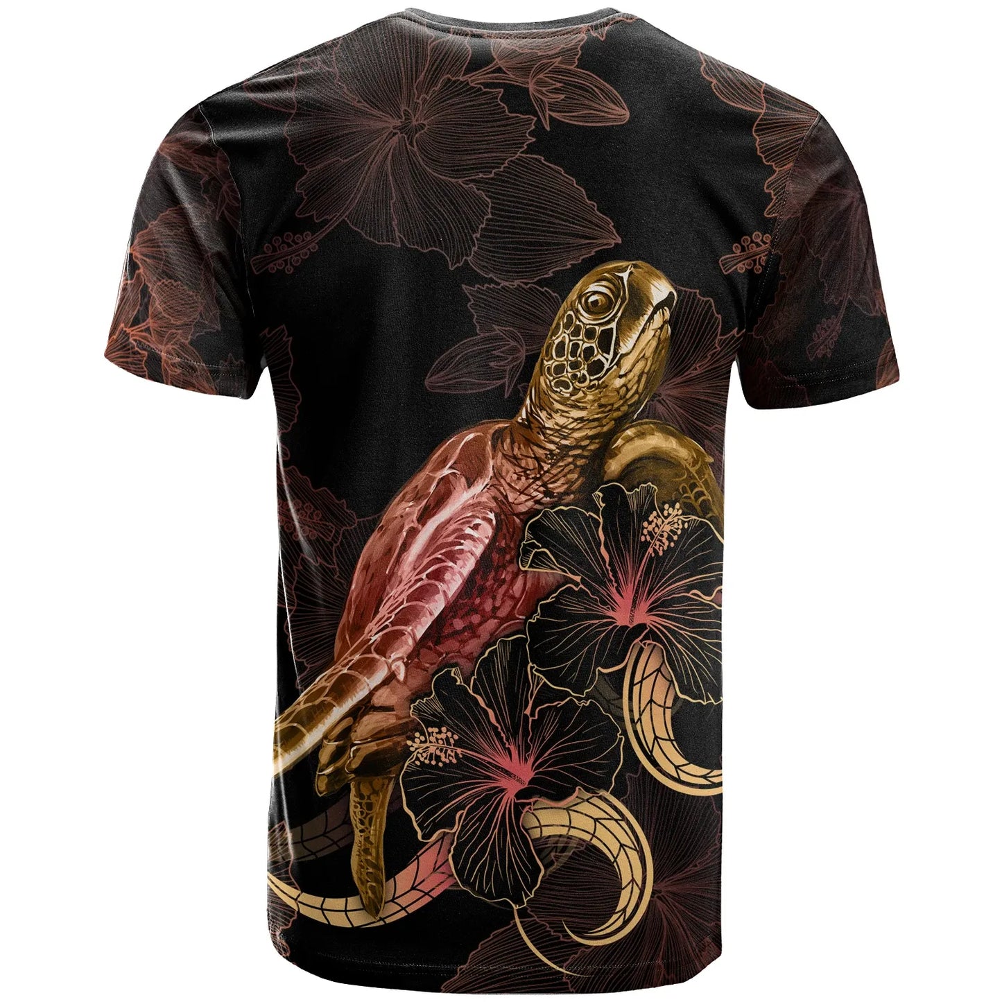 Hawaii Custom Personalized Polynesian T-Shirt - Turtle With Blooming Hibiscus Gold