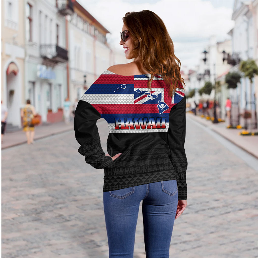 Hawaii Off Shoulder Sweatshirt Flag And Map Kakau Pattern