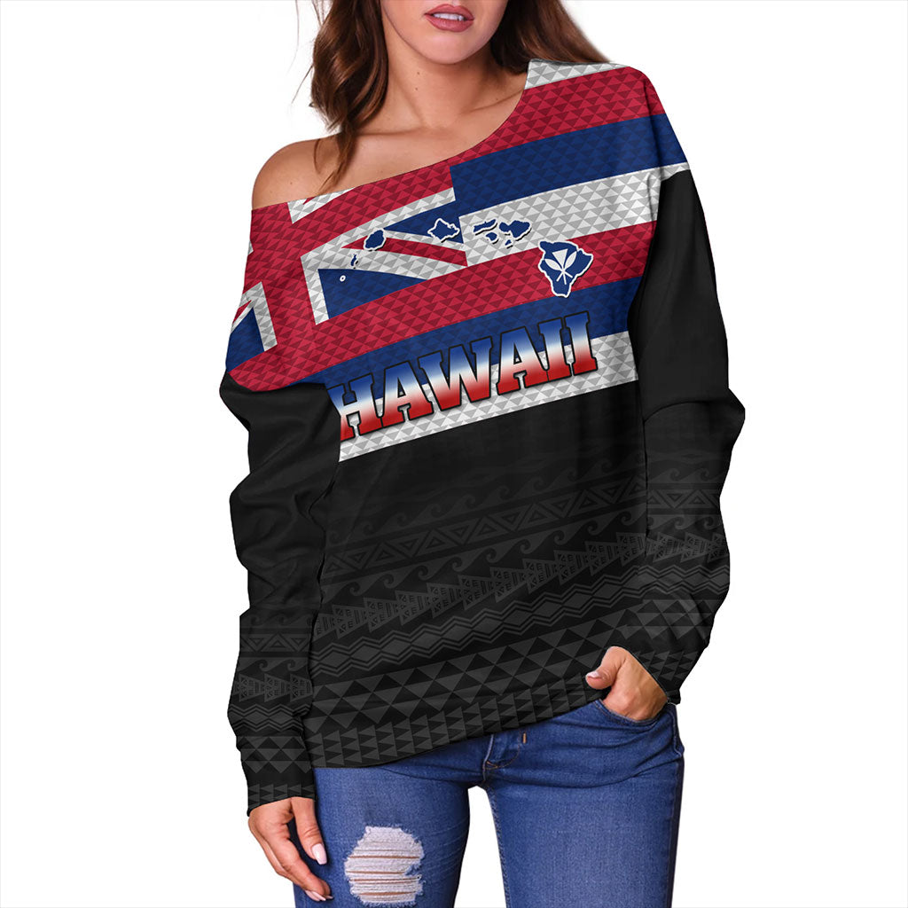 Hawaii Off Shoulder Sweatshirt Flag And Map Kakau Pattern