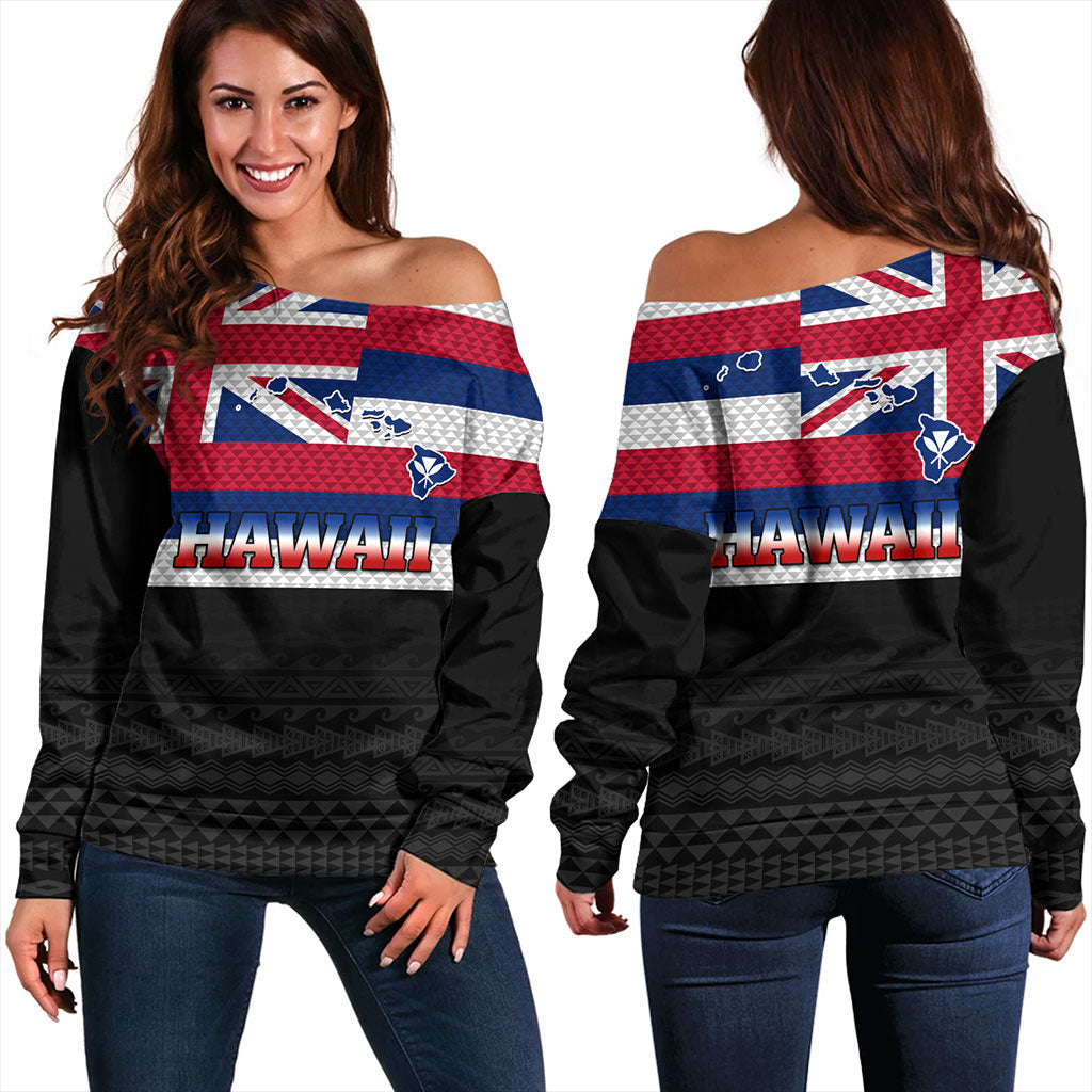 Hawaii Off Shoulder Sweatshirt Flag And Map Kakau Pattern