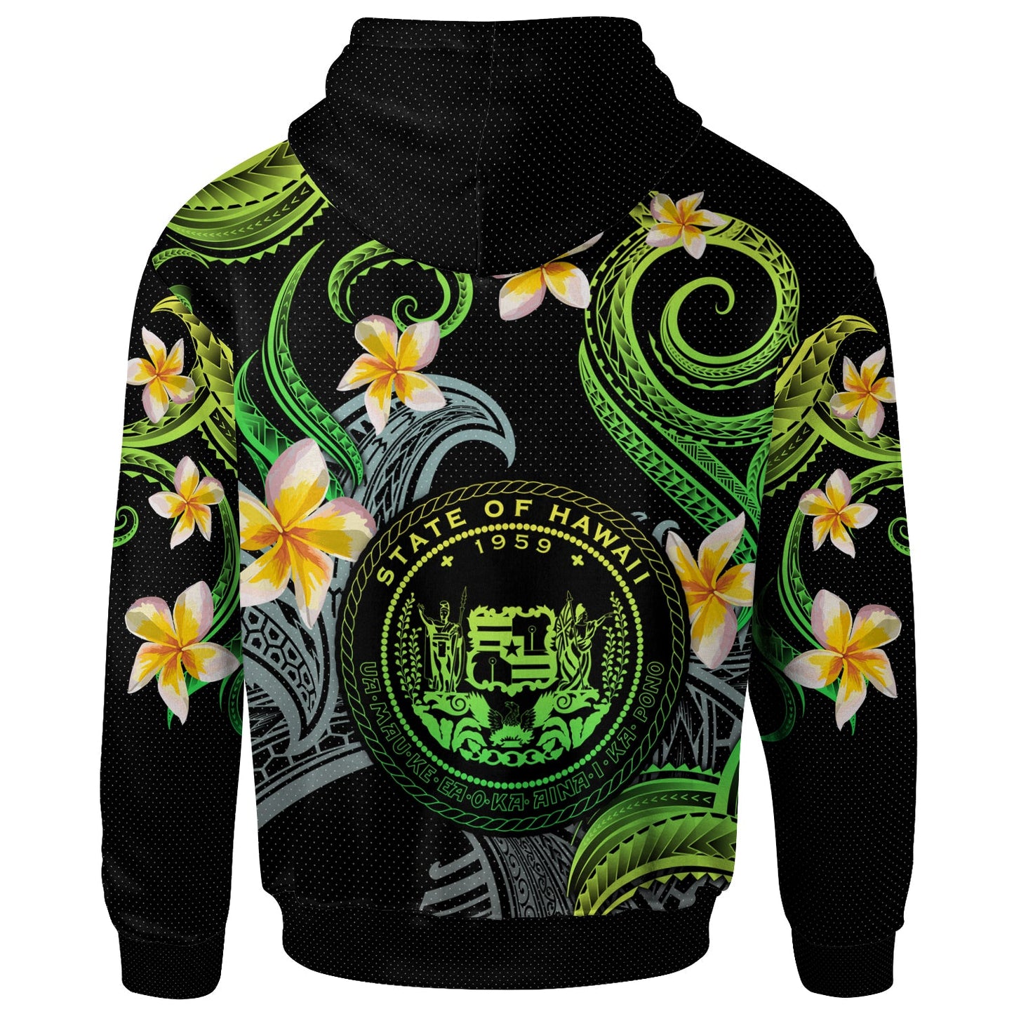 Hawaii Hoodie - Custom Personalised Polynesian Waves with Plumeria Flowers (Green)