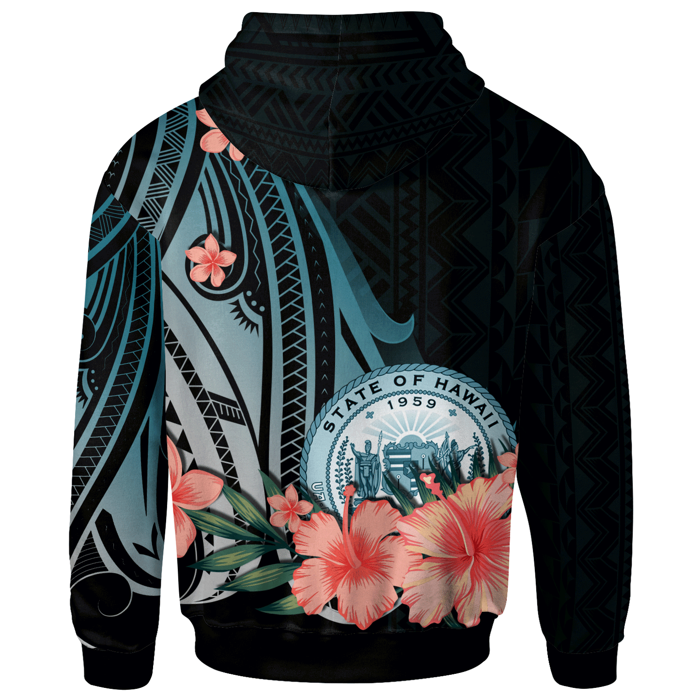 Hawaii Hoodie - Turquoise Polynesian Hibiscus Pattern Style