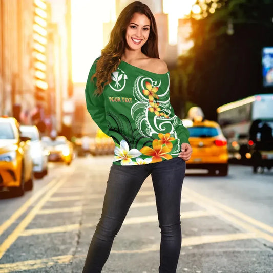 Hawaii Kanaka Maoli Personalised Women Off Shoulder Sweater - Hawaiian Spirit Green