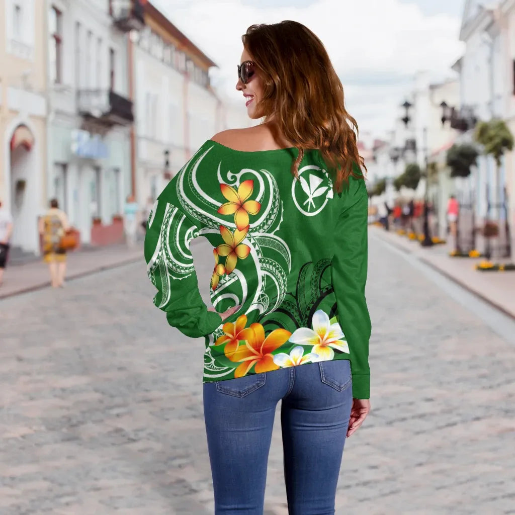 Hawaii Kanaka Maoli Personalised Women Off Shoulder Sweater - Hawaiian Spirit Green