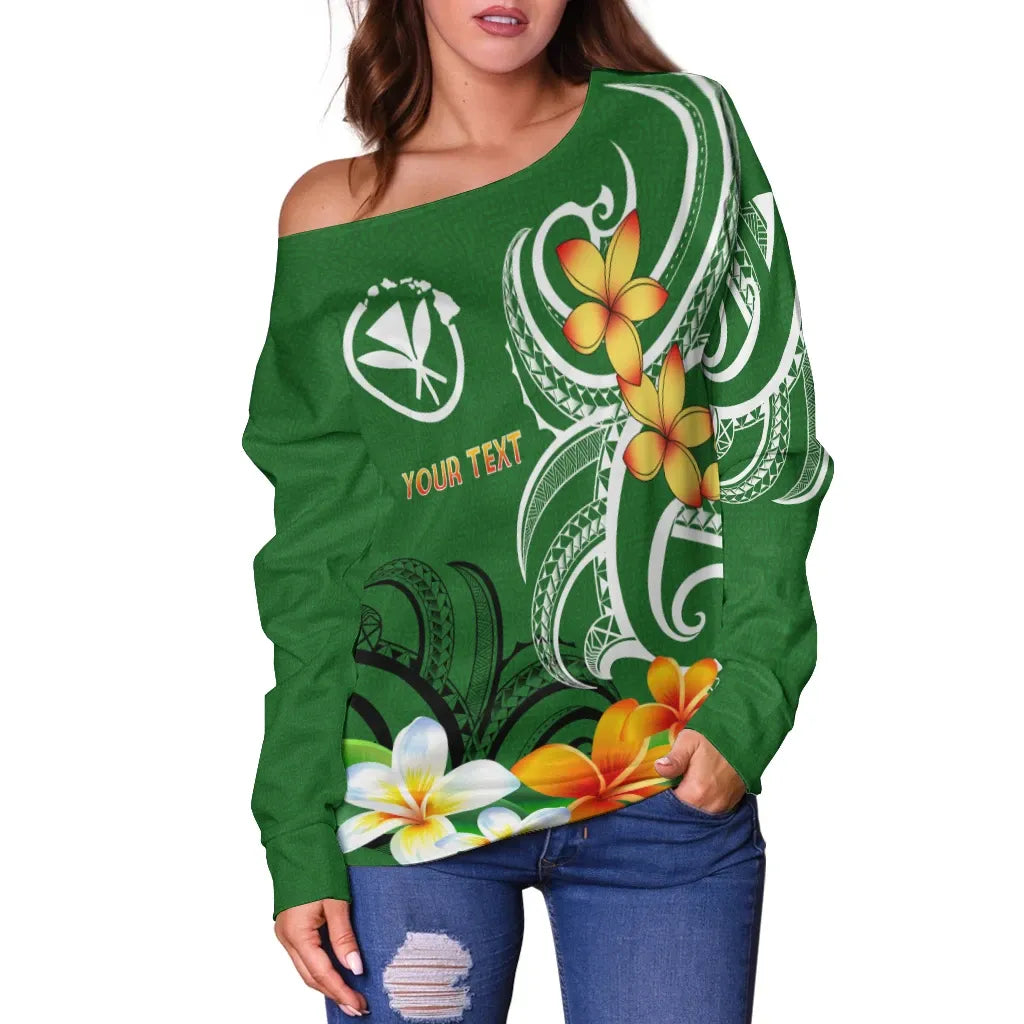Hawaii Kanaka Maoli Personalised Women Off Shoulder Sweater - Hawaiian Spirit Green