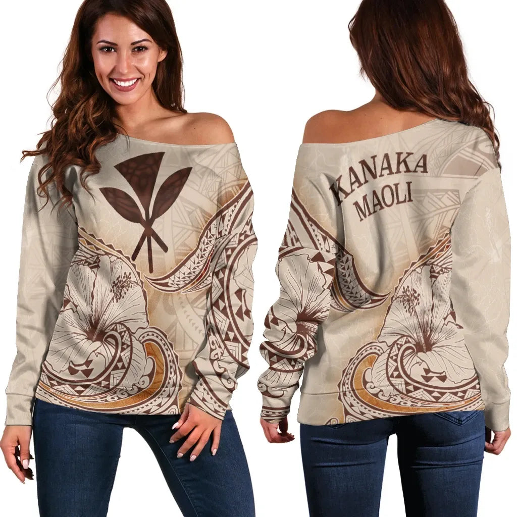 Hawaii Kanaka Maoli Women Off Shoulder Sweater - Hibiscus Flowers Vintage Style