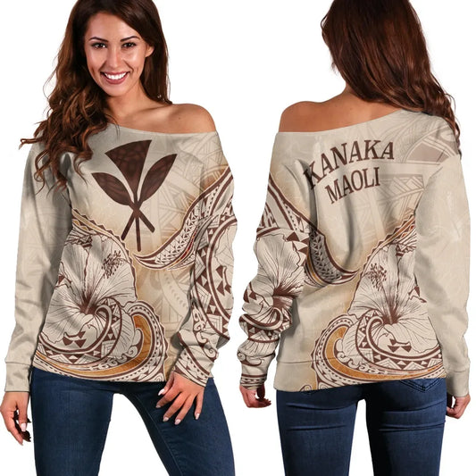 Hawaii Kanaka Maoli Women Off Shoulder Sweater - Hibiscus Flowers Vintage Style