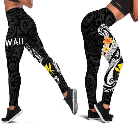 Hawaii Legging - Kanaka Maoli Polynesian Patterns Plumeria (Black)
