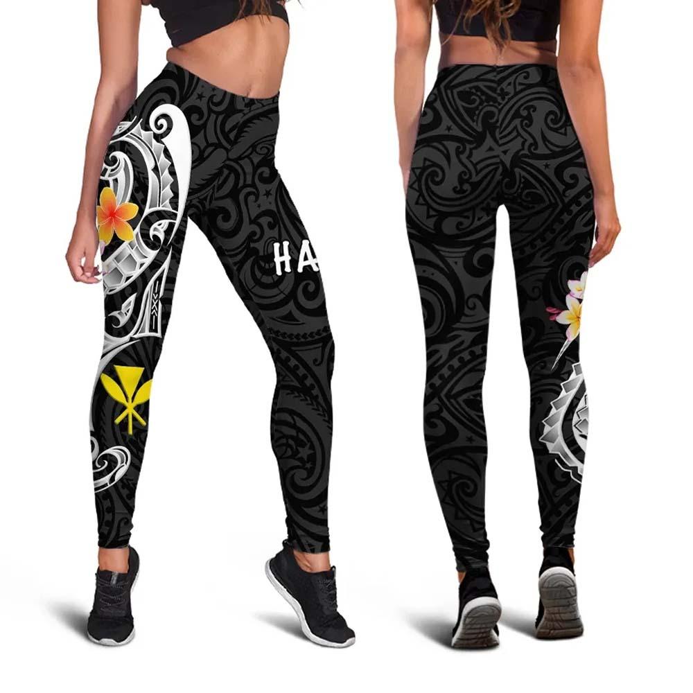 Hawaii Legging - Kanaka Maoli Polynesian Patterns Plumeria (Black)