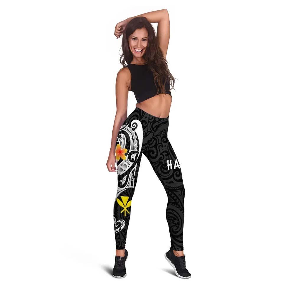 Hawaii Legging - Kanaka Maoli Polynesian Patterns Plumeria (Black)