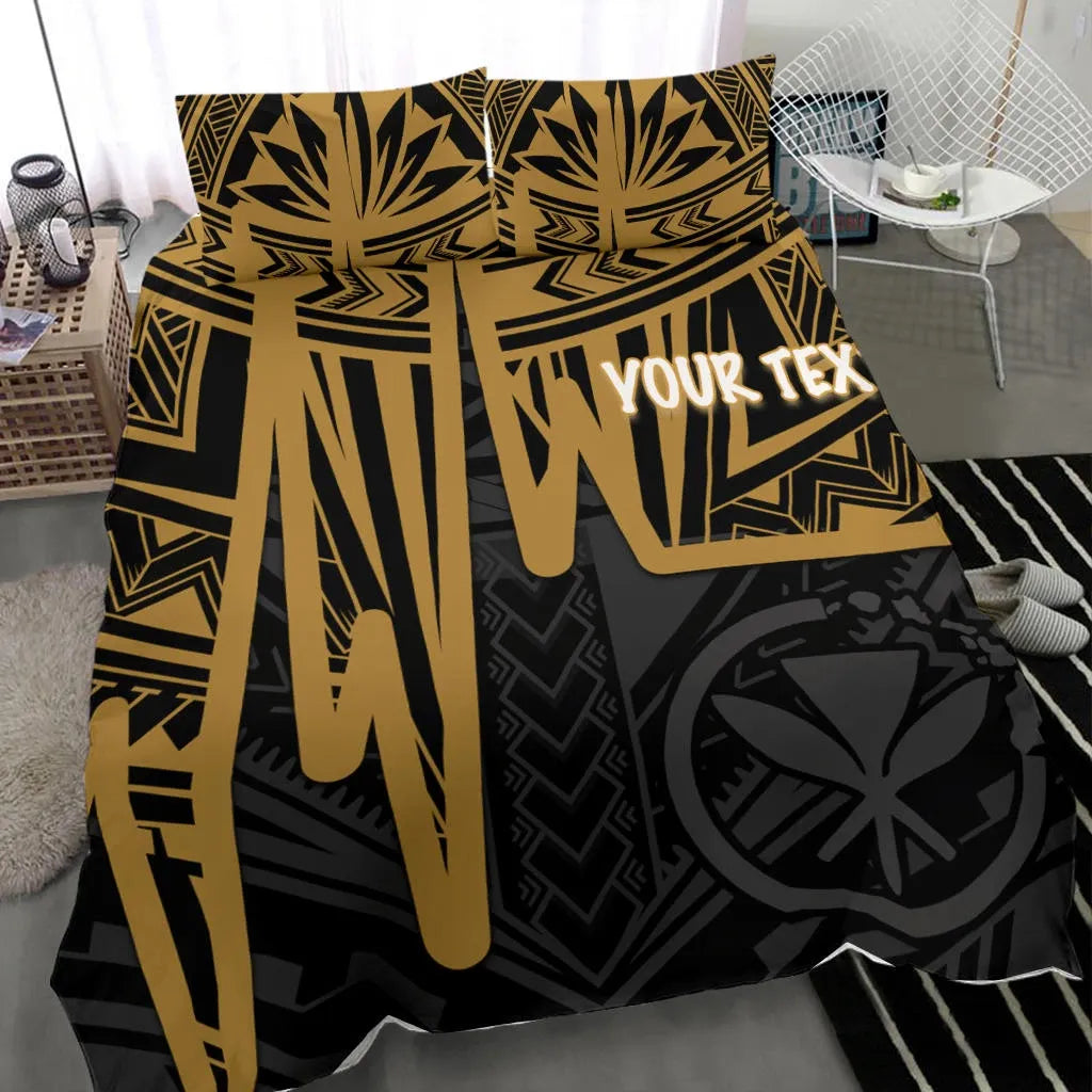 Hawaii Personalised Bedding Set - Kanaka Maoli With Polynesian Pattern In Heartbeat Style (Gold)