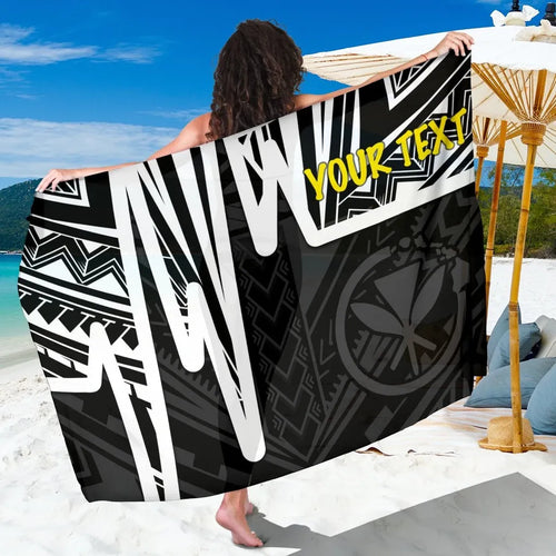Hawaii Personalised Sarongs -  Kanaka Maoli With Polynesian Pattern In Heartbeat Style (Black,White)