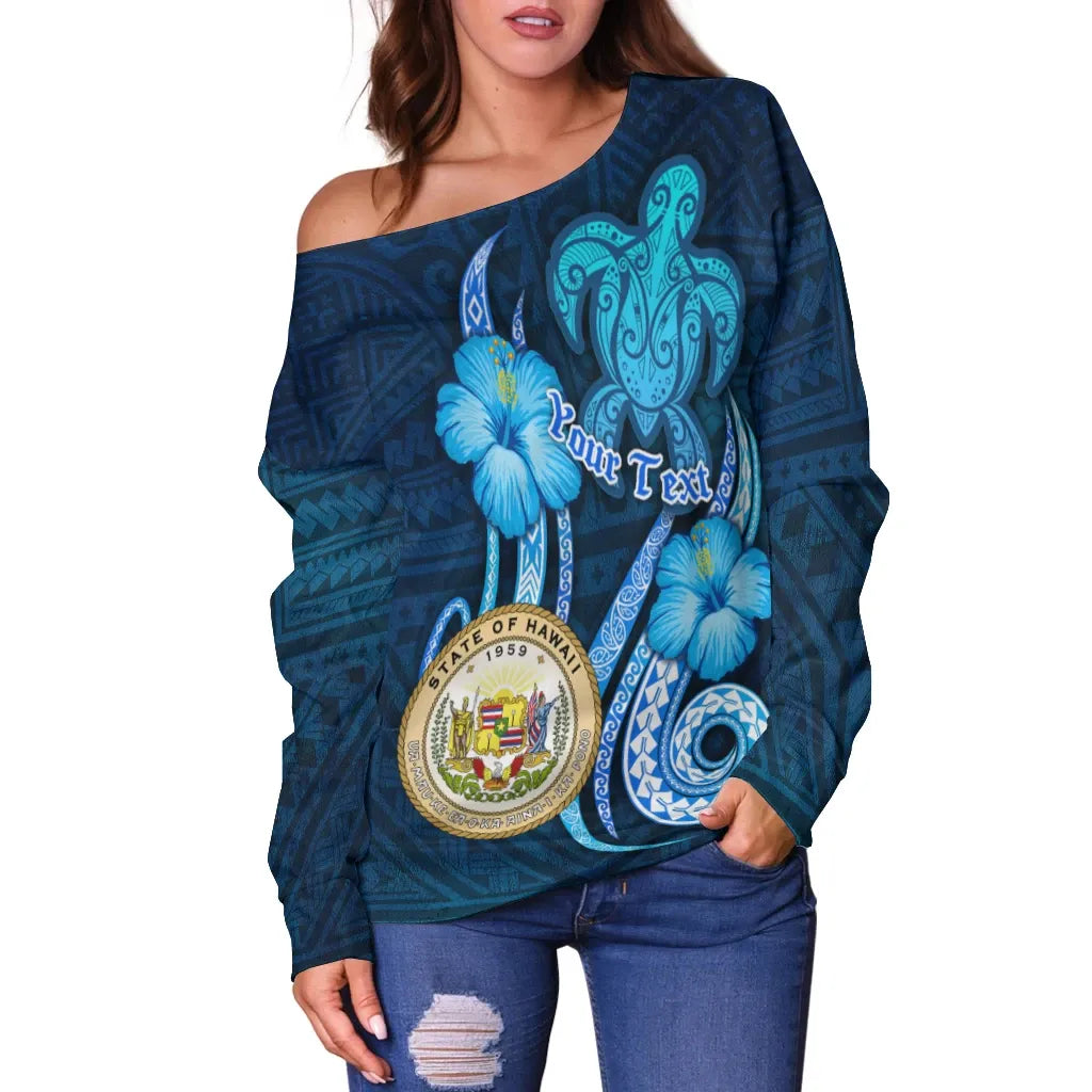 Hawaii Personalised Women Off Shoulder Sweater -Turtle and Tribal Tattoo Of Polynesian
