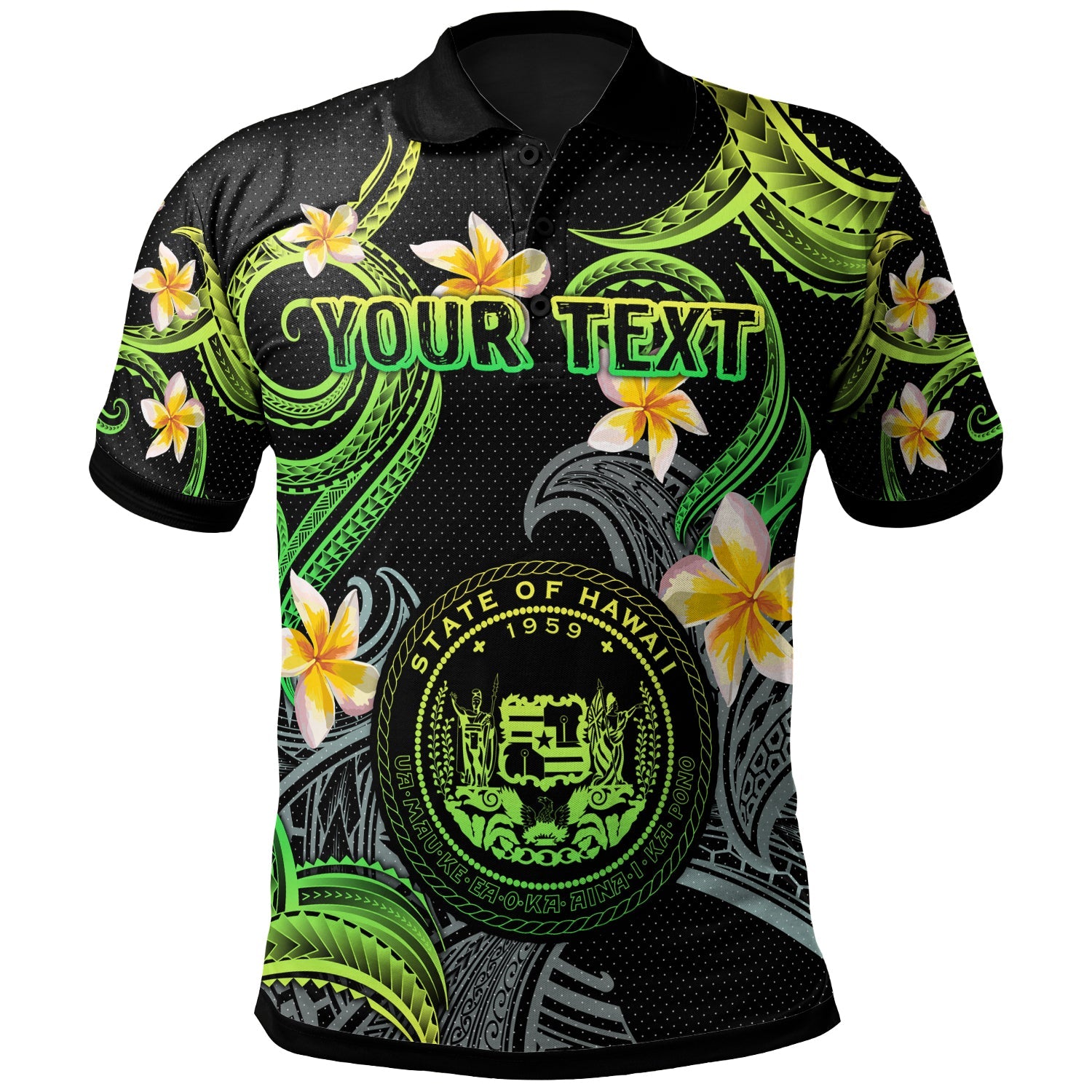 Hawaii Polo Shirt - Custom Personalised Polynesian Waves with Plumeria Flowers (Green)