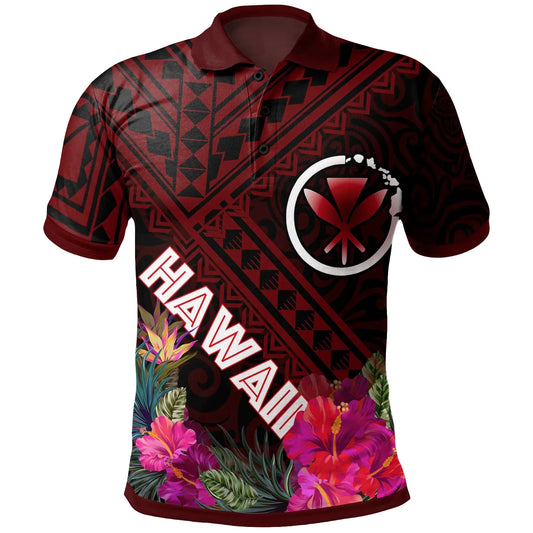 Hawaii Polo Shirt - Kanaka Maoli With Hibiscus On Polynesian Patterns (RED)