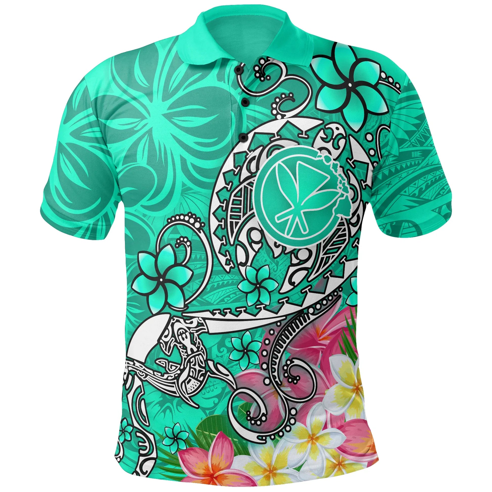 Hawaii Polo Shirt - Turtle Plumeria Polynesian Tattoo Turquoise Color