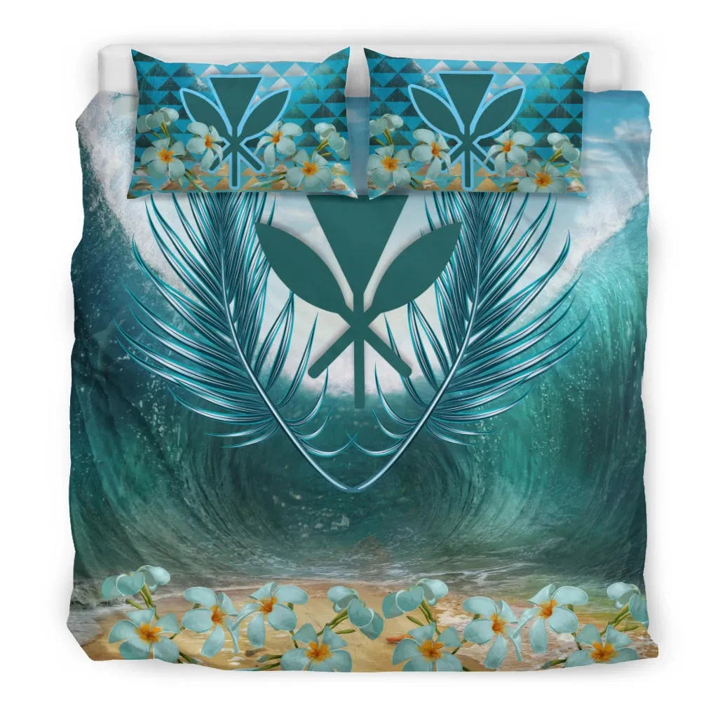 Hawaii Polynesia Bedding Set - Palm Leave And Plumeria Under Sea
