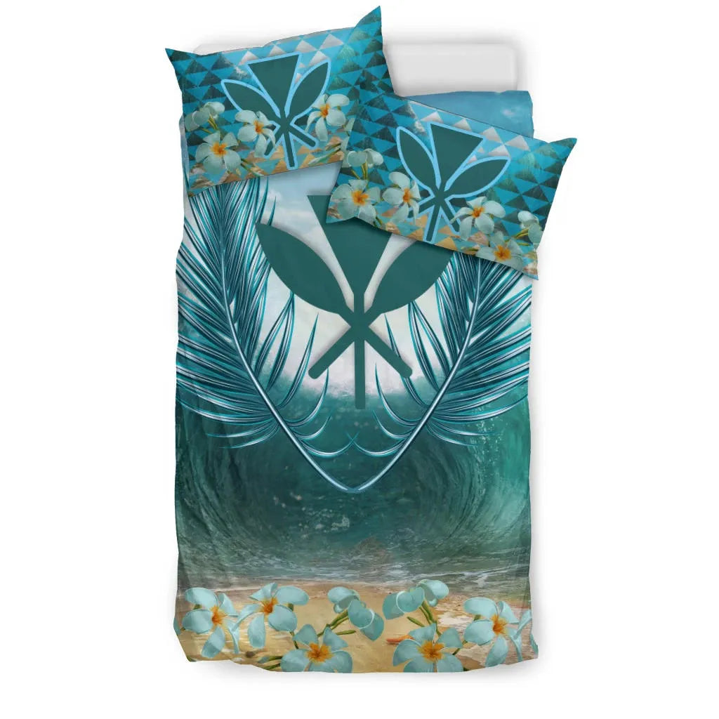 Hawaii Polynesia Bedding Set - Palm Leave And Plumeria Under Sea