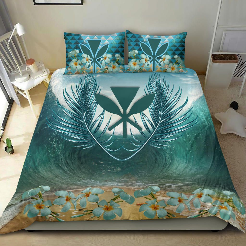 Hawaii Polynesia Bedding Set - Palm Leave And Plumeria Under Sea
