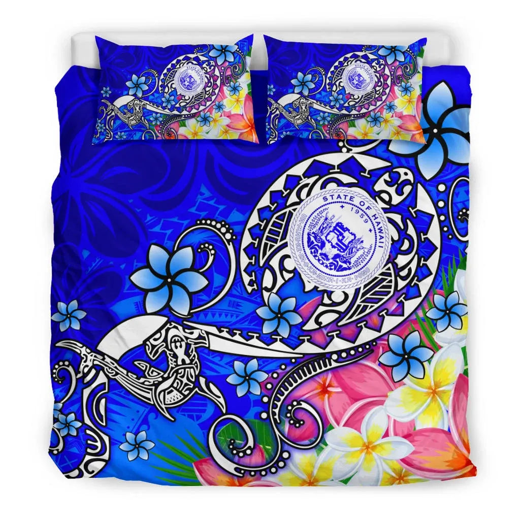 Hawaii Polynesian Bedding Set - Hawaii Seal With Turtle Plumeria (Blue)