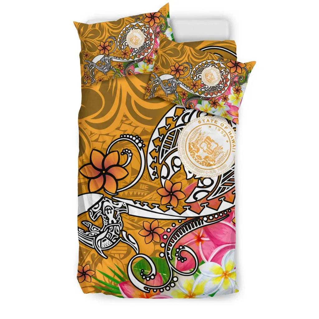 Hawaii Polynesian Bedding Set - Hawaii Seal With Turtle Plumeria (Gold)