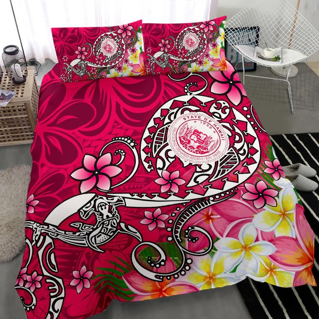 Hawaii Polynesian Bedding Set - Hawaii Seal With Turtle Plumeria (Pink)