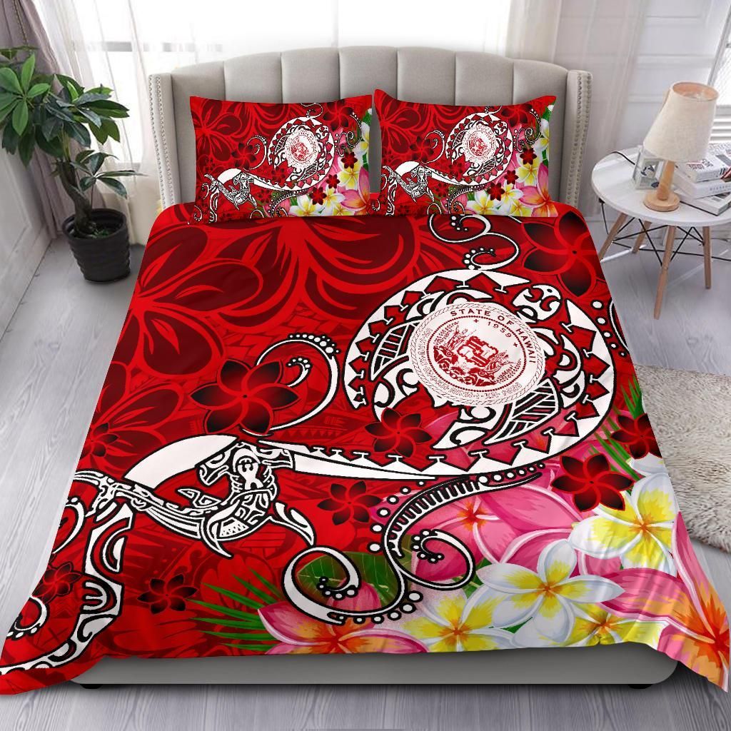 Hawaii Polynesian Bedding Set - Hawaii Seal With Turtle Plumeria (Red)