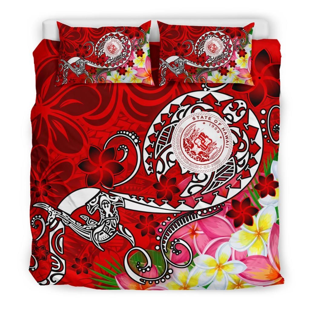 Hawaii Polynesian Bedding Set - Hawaii Seal With Turtle Plumeria (Red)