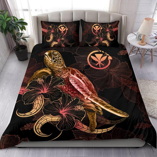 Hawaii Polynesian Bedding Set - Turtle With Blooming Hibiscus Gold