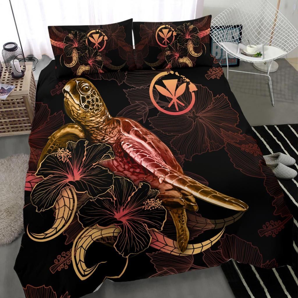 Hawaii Polynesian Bedding Set - Turtle With Blooming Hibiscus Gold