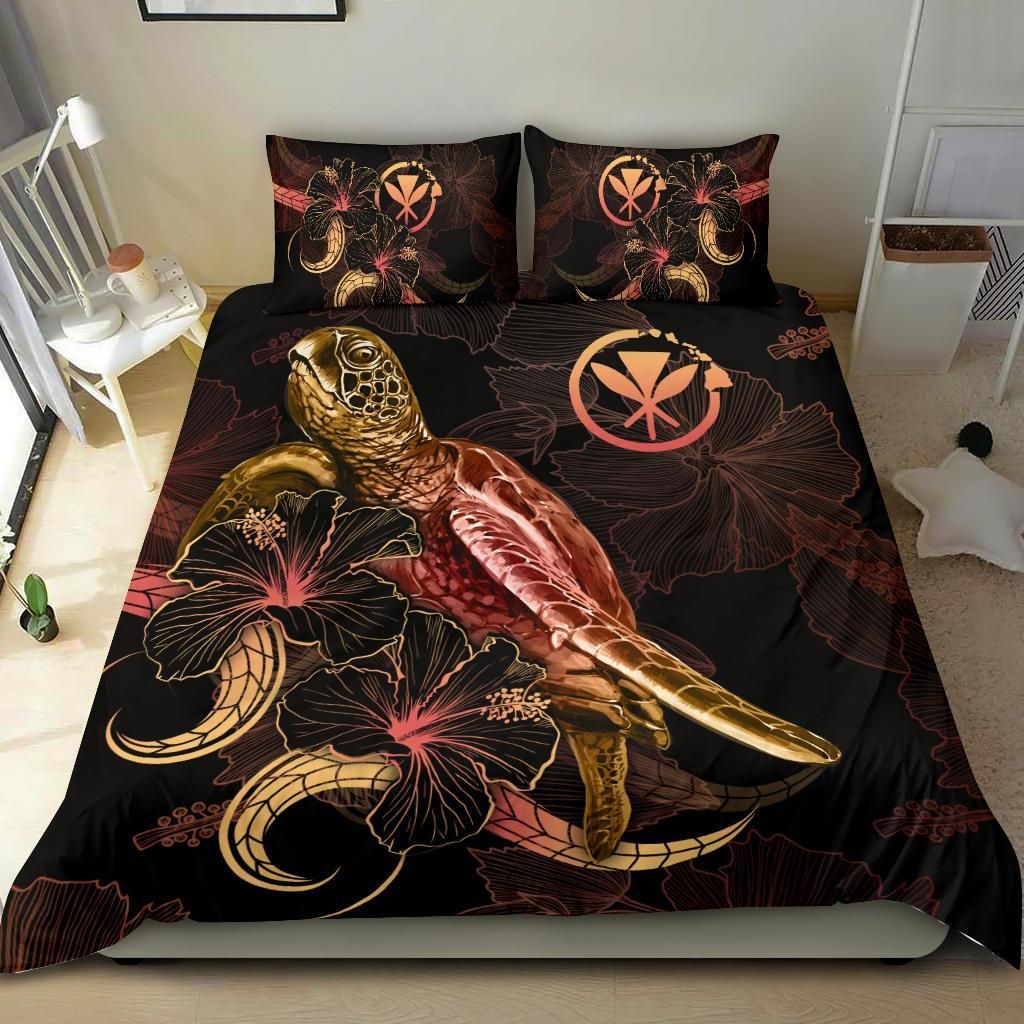Hawaii Polynesian Bedding Set - Turtle With Blooming Hibiscus Gold