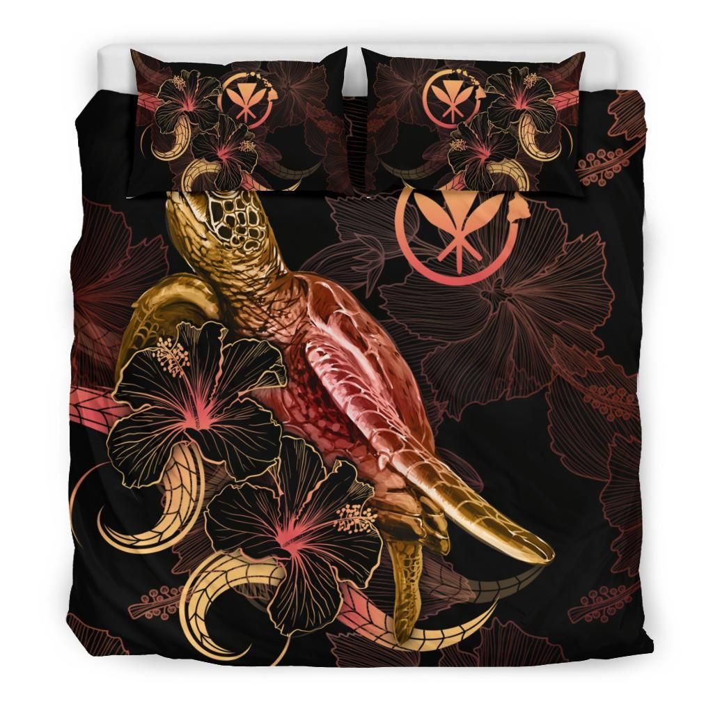 Hawaii Polynesian Bedding Set - Turtle With Blooming Hibiscus Gold