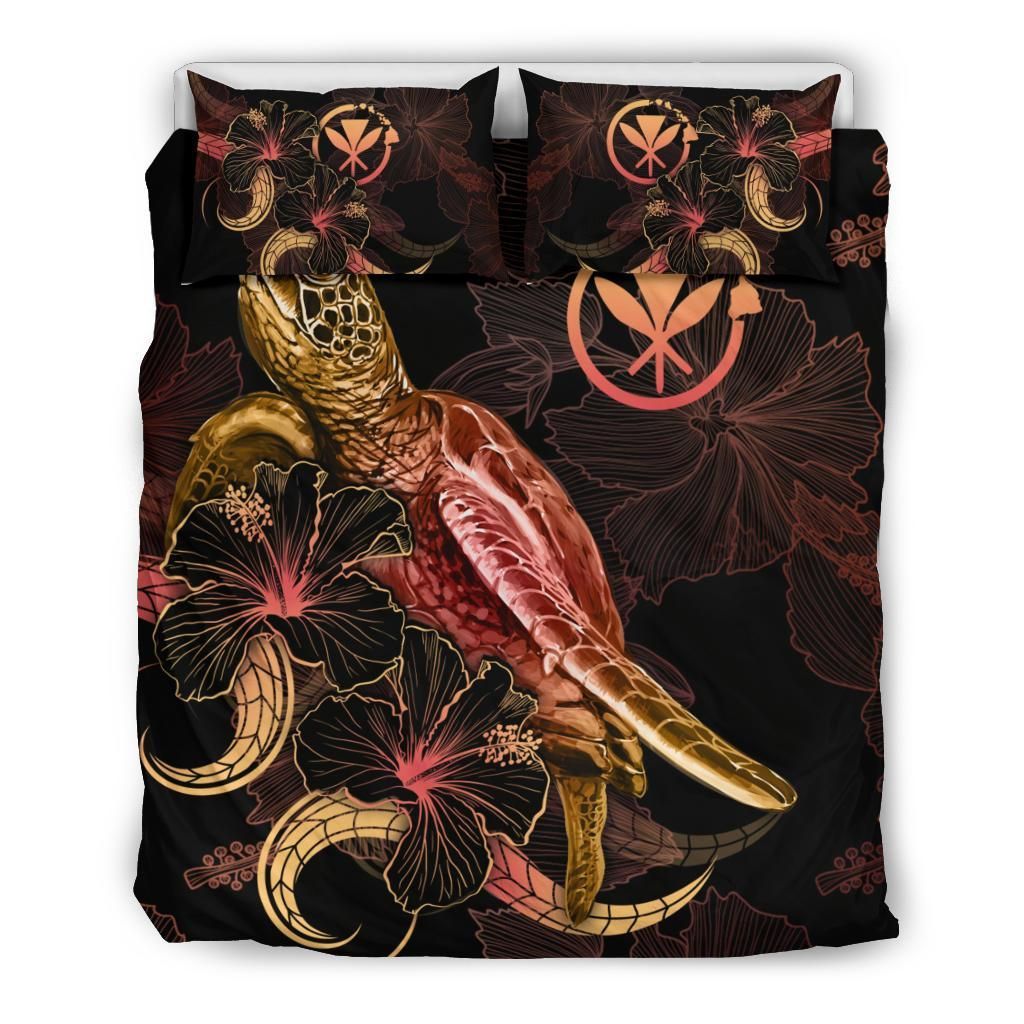 Hawaii Polynesian Bedding Set - Turtle With Blooming Hibiscus Gold