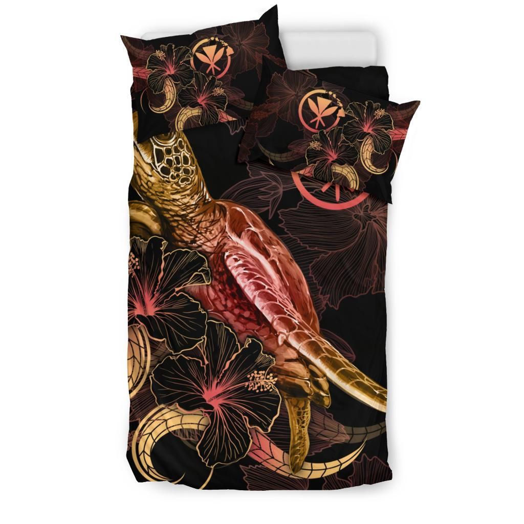 Hawaii Polynesian Bedding Set - Turtle With Blooming Hibiscus Gold